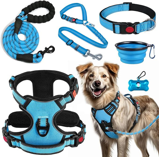 No Pull Dog Harness, Collar & Leash Set | Includes Dog Seat Belt, Collapsible Bowls & Poop Bag Dispenser. Ideal for Training, Walking, Hiking. Fits Small to Large Dogs(Blue-XL)