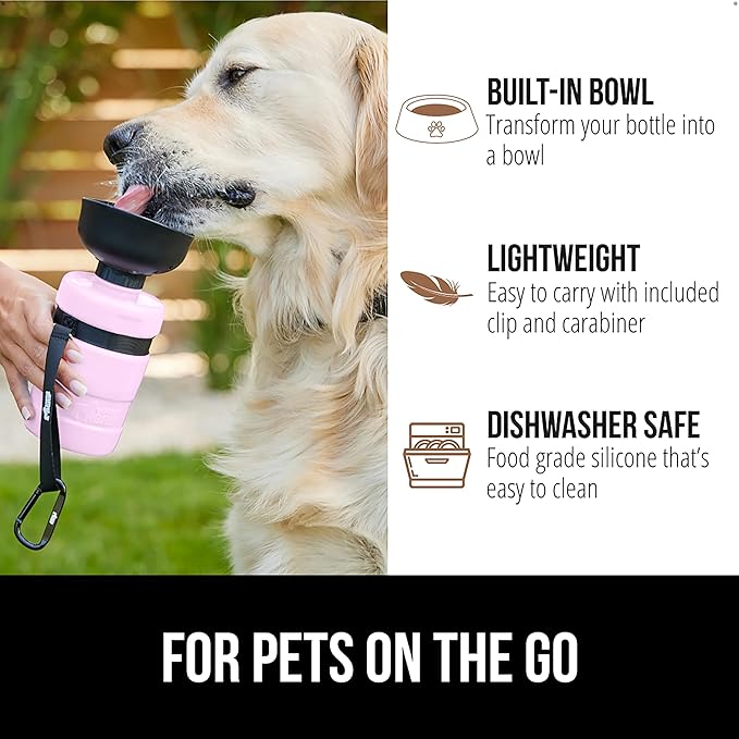 GORILLA GRIP Dog Water Bottle, Portable Water Bowl Dispenser for Dogs, 16 oz Leak Proof Pet Travel Squeeze Bottles, Food Grade Silicone, to Go Puppy Essentials, Hiking Camping Trip Accessories, Pink