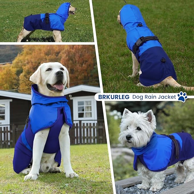 BRKURLEG Dog Raincoat Adjustable Dog Rain Jacket with Hood Dogs Waterproof Rainproof Jacket with Leash Hole Pet Poncho Rain Coat Poncho with Reflective Strip, Blue, XXXL
