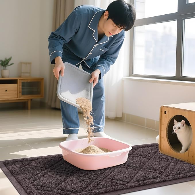 Smiry Cat Litter Box Mat 30x17, Non-Slip Water Resistant Litter Trapping Mat, Easy Clean Less Waste and Urine-Locking Cat Carpet for Indoor, Brown