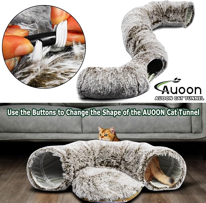 AUOON Cat Tunnel Bed - Christmas Tree Cat Tunnel, Cat Donut Tunnel with Soft Plush Circle Cushion for Indoor Cats Kitten Kitty Puppy Rabbit Ferret (Brown)