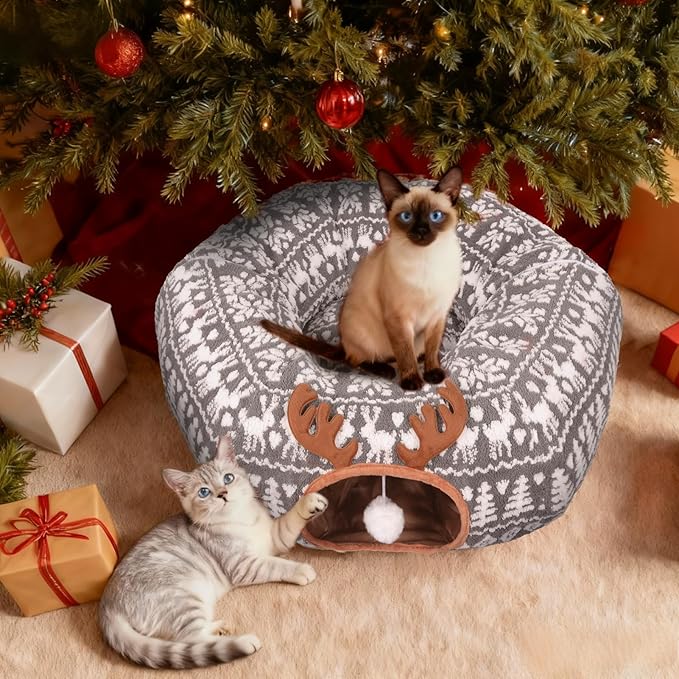 Christmas Cat Tunnel Bed - Cat Tunnels Christmas Tree Skirt for Indoor Cats - Soft Plush Cats Donut Cave with Washable Mat, Pet Play Toy Xmas Decor for Kitten, Rabbit, Puppy, Small Animal