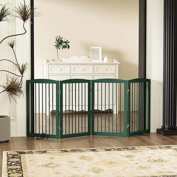 Freestanding Pet Gate for Dogs, Indoor Wooden Dog Gate for House, Foldable Dog Gate for Doorway, Stair, Step Over Pet Puppy Safety Fence Tall, 80 Inch Wide, 4 Panels 32", Green