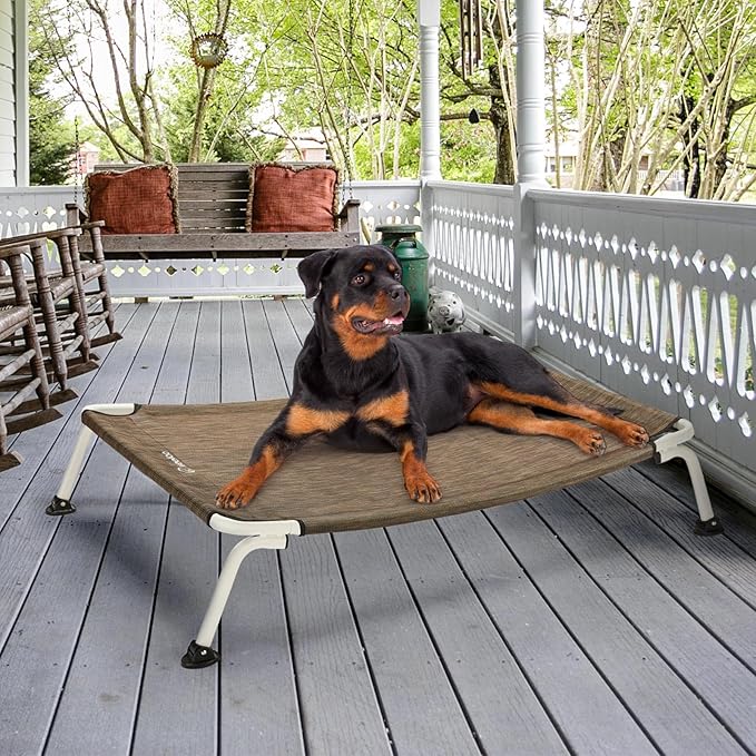 Veehoo Elevated Dog Bed for Outdoor, Cooling Waterproof Raised Dog Cots Beds XL, Curved Off Ground Pet Hammock Cot Lifted for Outside, up to 150lbs, White Legs, Brown 49"