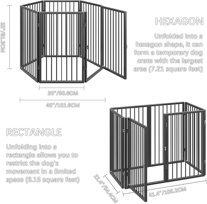 Vantas Folding No-Assembly Metal Pet Gate 120" Wide, 32" Extra Tall Dog Gate with Door Walk Through, Freestanding Accordion Puppy Gate Dog Door for Indoor & Outdoor, with 2PCS Support - Black