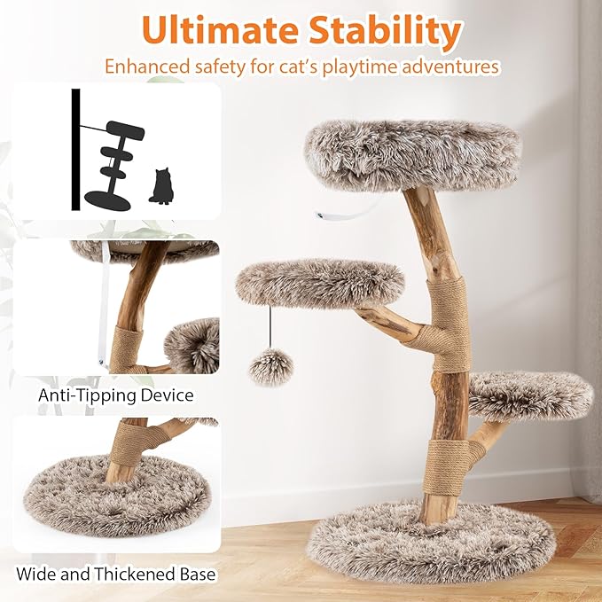 Tangkula Solid Wood Cat Tree, Multi-Level Modern Cat Tower with Scratching Posts, Cozy Top Perch, 2 Platforms, Dangling Ball, Soft Long Plush, Natural Branch Cute Cat Tree for Indoor Kittens