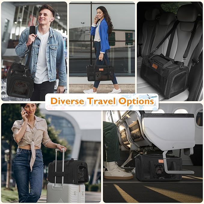 PETUX Cat Travel Carrier with Litter Box - 17"x11"x9.5", TSA Airline Approved, Underseat, Soft Sided Pet Carrier for Small Cats Under 12 lb with Safety Zipper, Anti-Scratch Mesh - Black