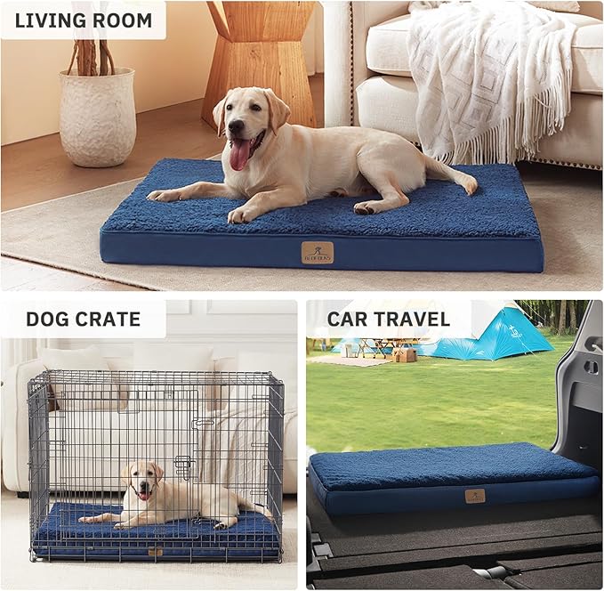 Bedfolks Orthopedic Dog Bed for Extra Large Dogs - Egg Foam Dog Crate Bed with Removable Waterproof Cover, Pet Bed Mat Suitable for Dogs and Pets Up to 90 lbs (41 x 29 x 3.5 inches, Navy)