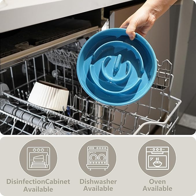 Ceramic Slow Feeder and Water Bowl Set for Medium and Large Dogs, 8.0inch Ceramic Dog Bowls Elevated with Wooden Stand, 2.0 Cups Dog Slow Feeder(30oz) and 70oz Water Bowl Set, Blue