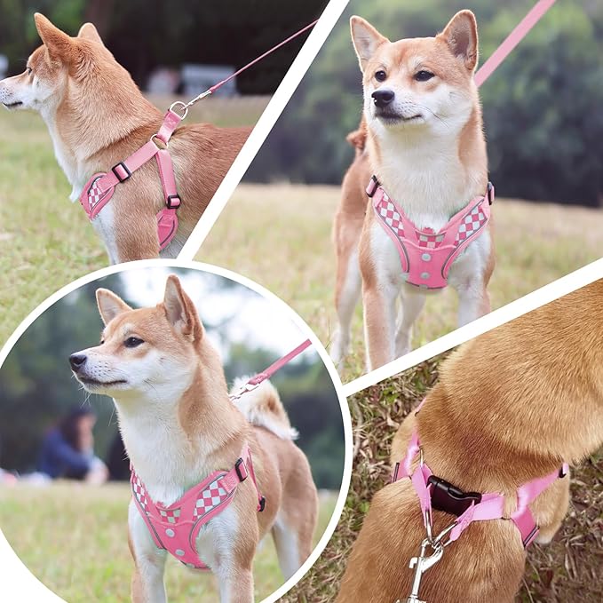 Dog Harness with Leash Set, No Pull Reflective Strips Adjustable Step in Collars with Breathable Padded Vest Harness for Large Dogs Training and Running (L Pink)
