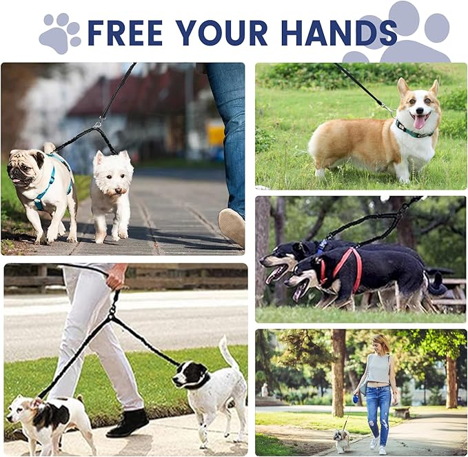 Dual Retractable Dog Leash for 2 Medium Dogs (Up to 66LBS Each) - Double Headed Pet Leash with Poop Bags and LED Light, One Button Brake & Lock, 360 Tangle-Free (White, Medium)