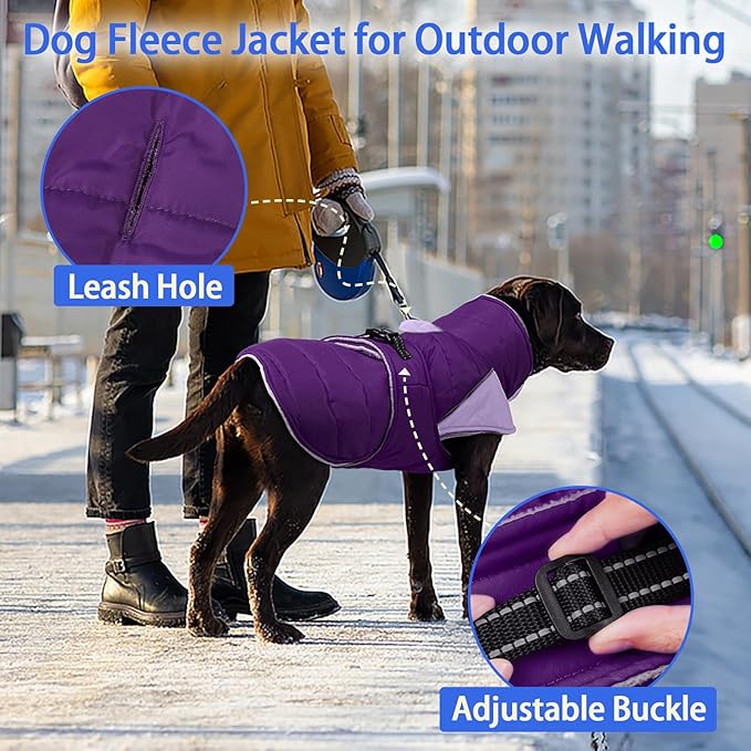 MIGOHI Warm Dog Jacket - Waterproof Small Dog Coat with Furry Collar, Windproof Dogs Fleece Vest, Reflective Cold Weather Coats for Small Dogs, Adjustable Buckle, Poodle,S,Purple
