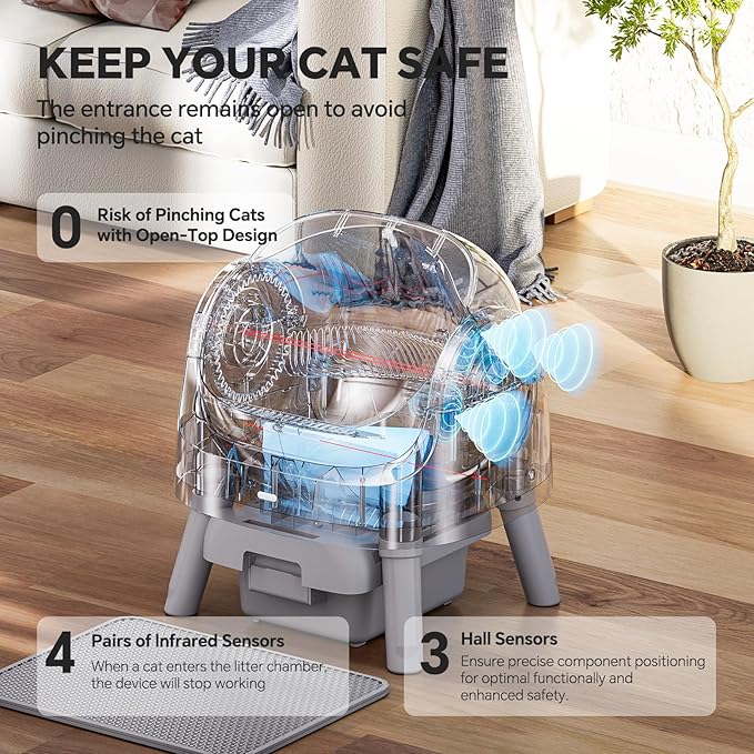 Self Cleaning Cat Litter Box, Open-Top Automatic Litter Box for Multiple Cats with Safety Sensors, Includes Liner Bags and Litter Mat, Grey
