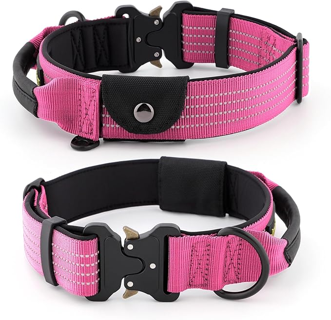 Plutus Pet Tactical Dog Collar with Tracker Packet for AirTag, Adjustable Reflective Nylon Collar, Metal Buckle, Leather-Wrapped Handle, Soft Padded for Medium Large Dogs (Pink, M)