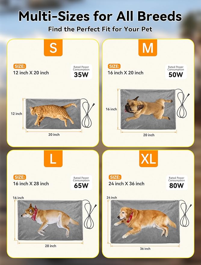 Outdoor Pet Heating Pad for Dog & Cat, Multi-Size Waterproof Heated Cat Dog Bed for Outside, Pet Heater Warmer Mat Blanket with Chew Resistant Cord for Senior Dog Cat House Whelping Box,Gray,24" x 36"