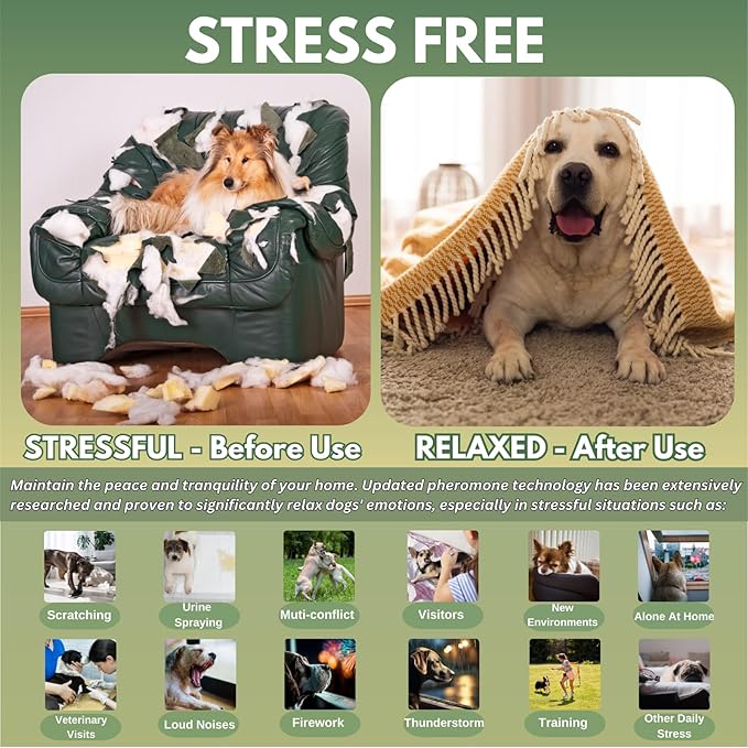 8-in-1 Dog Calming Pheromone Diffuser Kit – Pet Stress Support (2 Plug-Ins & 6x48ml Refills), Calming Diffuser for Dog During Thunderstorms, Travel, Separation, Fireworks & Vet Visits, 180-Day Supply