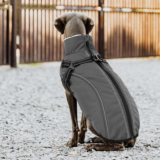 Dog Winter Coat with Harness Built in Warm Puffer Dog Jackets for Small Medium Large Dogs Windproof Waterproof Outfit with Plush Lining and Reflective Stripes (Grey, XL)