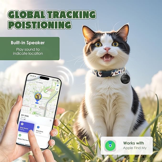 Cat Collar with Tracker GPS- Unlimited Range/Tracking Device/Lost Mode for Cats Adjustable Size Smart Collar Set - Compatible with Apple Find My (iOS only)