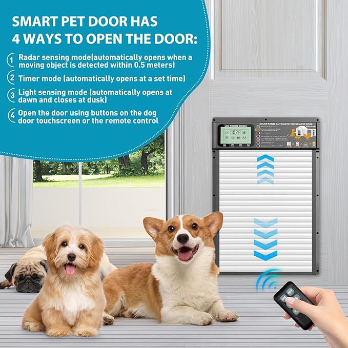 Smart Automatic Pet Door, Radar, Timer & Light Sensor Modes, Solar & USB Rechargeable, Durable Aluminum, Weatherproof, 10"×13", 24/7 Operation for Small Pets Up to 45 lb (White)