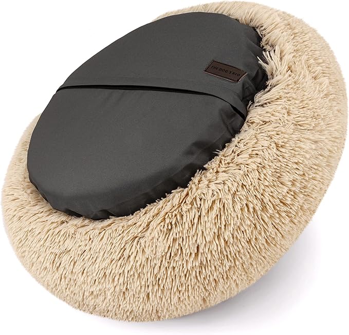 The Dog’s Bed Sound Sleep Donut Dog Bed, Small Beige Fur Calming Nest Bed, Veterinary Approved