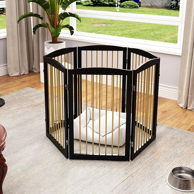 Freestanding Pet Gate for Dogs, Indoor Wooden Dog Gate for House, Extra Wide Foldable Dog Gate for Stair, Doorway, Hall, Support Feet Included, 120 Inch Wide, 6 Panels 32",Black&Gold