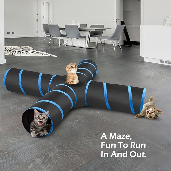 Pawaboo Cat Toys - 4 Way Cat Tunnel, Tube & Play Tent, 25x53cm, Extensible, Interactive Maze with Balls & Bells for Kitten & Small Animal, Blue