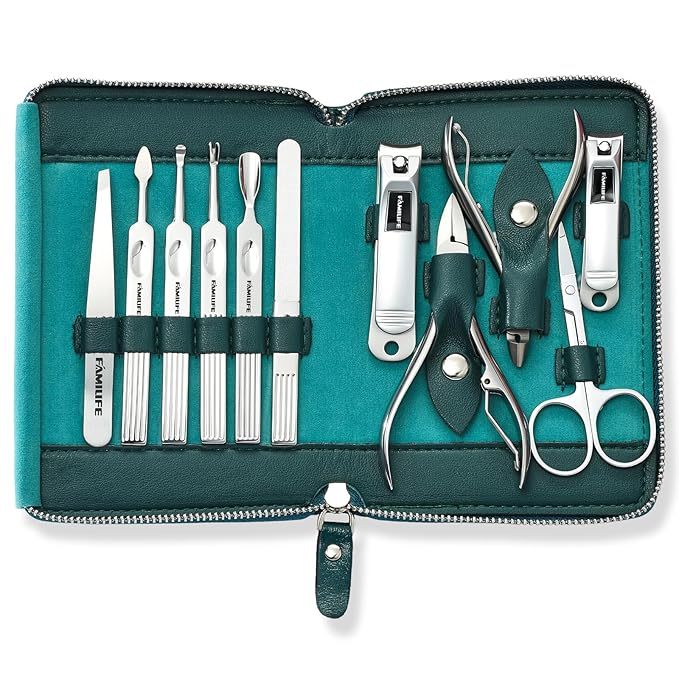 FAMILIFE Nail Kit, Professional Manicure Set Manicure Kit, 11 in 1 Stainless Steel Nail Clippers Set Pedicure Tools, Men Grooming Tool with Portable Blue Leather Travel Case Luxury Gifts for Him