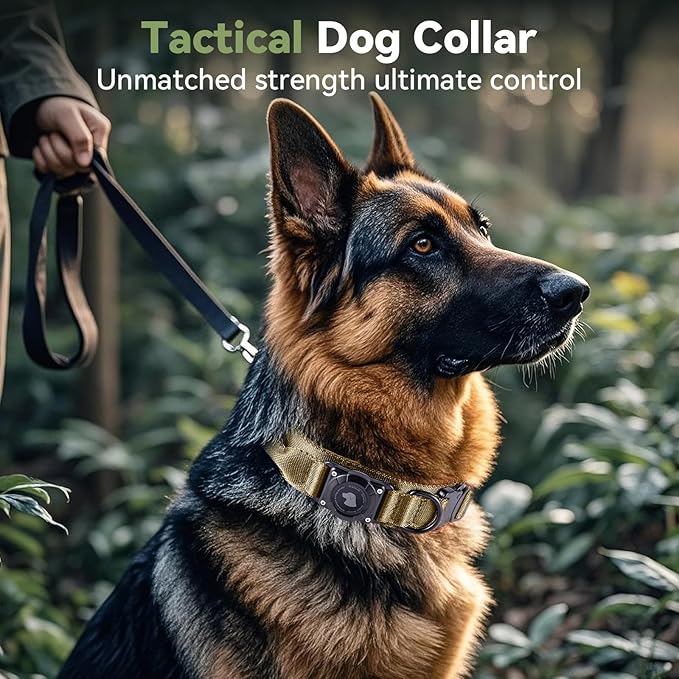 2025 Upgrade Waterproof AirTag Dog Collar, Military Tactical Dog Collar with AirTag Holder, Comfortable Control Handle and Metal Buckle, GPS Dog Collar Holder for Medium to Large Dogs (Khaki,L)
