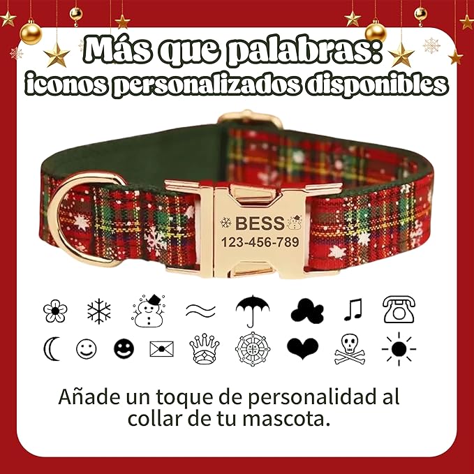 Christmas Personalized Dog Collar with Metal Buckle, Christmas Collar Customized with Name and Phone Number, Adjustable Sizes for Small Dogs, Medium, and Large