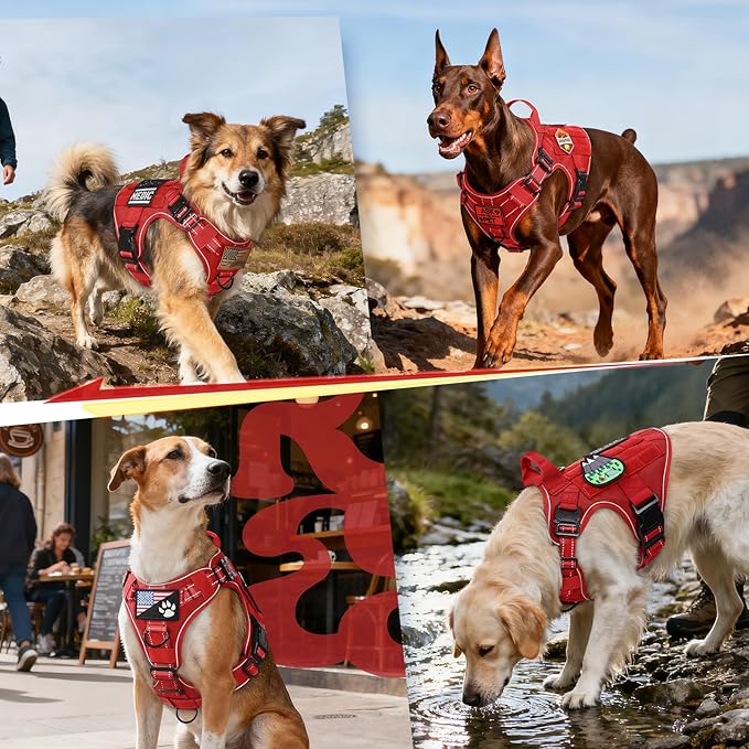 rabbitgoo Tactical Dog Harness for Large Dogs, No Pull Upgraded Reflective Heavy Duty Molle Vest with Handle, Adjustable Military Service Dog Vest for Walking Hiking Training, Red, XL