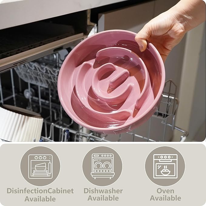 Ceramic Slow Feeder and Water Bowl Set for Medium and Large Dogs, 8.0inch Ceramic Dog Bowls Elevated with Wooden Stand, 2.0 Cups Dog Slow Feeder(30oz) and 70oz Water Bowl Set, Pink