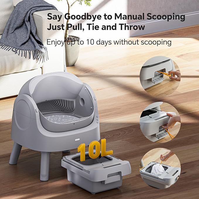 Self Cleaning Cat Litter Box, Open-Top Automatic Litter Box for Multiple Cats with Safety Sensors, Includes Liner Bags and Litter Mat, Grey