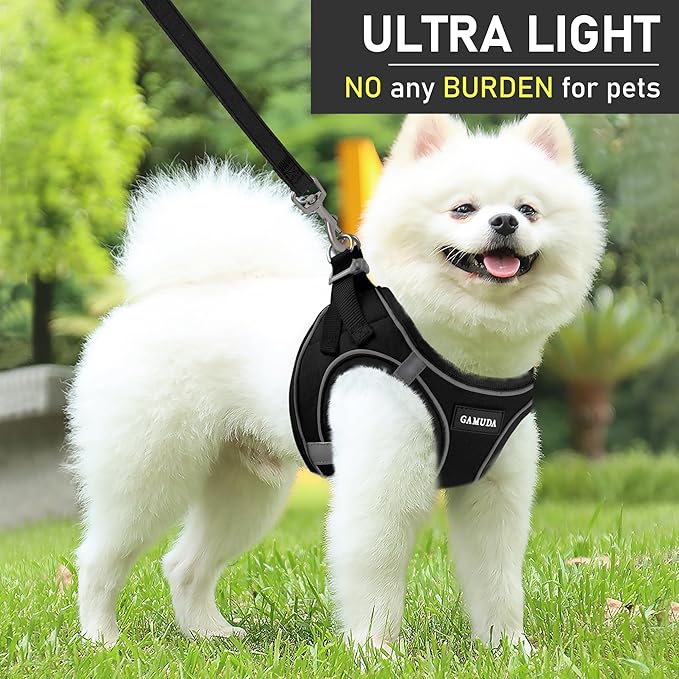 GAMUDA Small Dog Harness Collar and Leash Set, Step in No Chock No Pull Linen Fabric Soft Mesh Dog Vest Harnesses Reflective for Dogs Puppy Cats Kitten Rabbit (Black, XL)