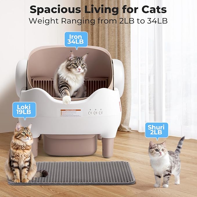 Self Cleaning Litter Box, Automatic Cat Litter Box with APP Control, Odor-Free Waste Disposal Includes Trash Bags, Large Waste Bin, Open-Top, for Multiple Cats