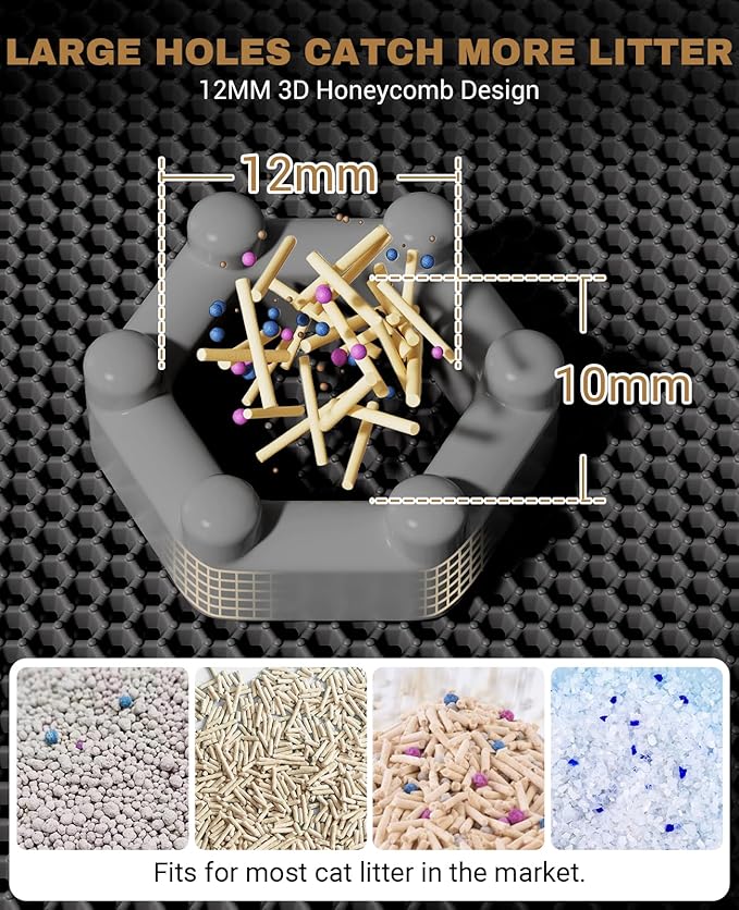 Fostanfly Cat Litter Mat, 45"x 27" Kitty Litter Trapping Mat, Extra Large XL Honeycomb Scatter Control, Urine & Waterproof, Machine Washable, Black