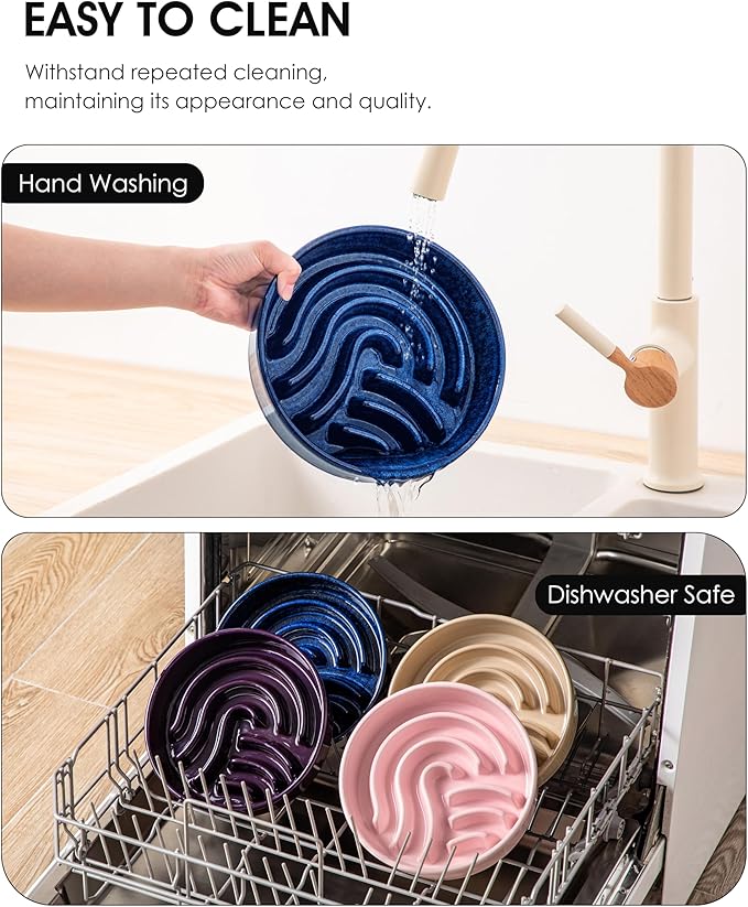 vancasso Slow Feeder Dog Bowl, 1.5 Cup Ceramic Slow Feeding Food Dish for Small and Medium Breed, Puzzle Dog Food Bowl for Fast Eater, Blue