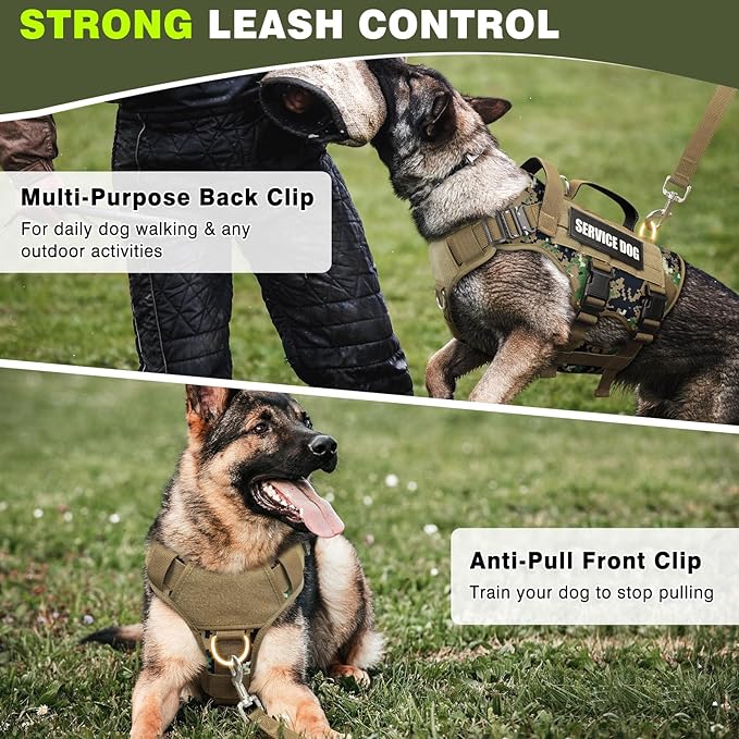 WINSEE Tactical Dog Harness with Dog Leash, Service Working MOLLE Vest with 10 Pet Patches for Dog, No Pull Military Harness and Backpack for Training Hunting Walking