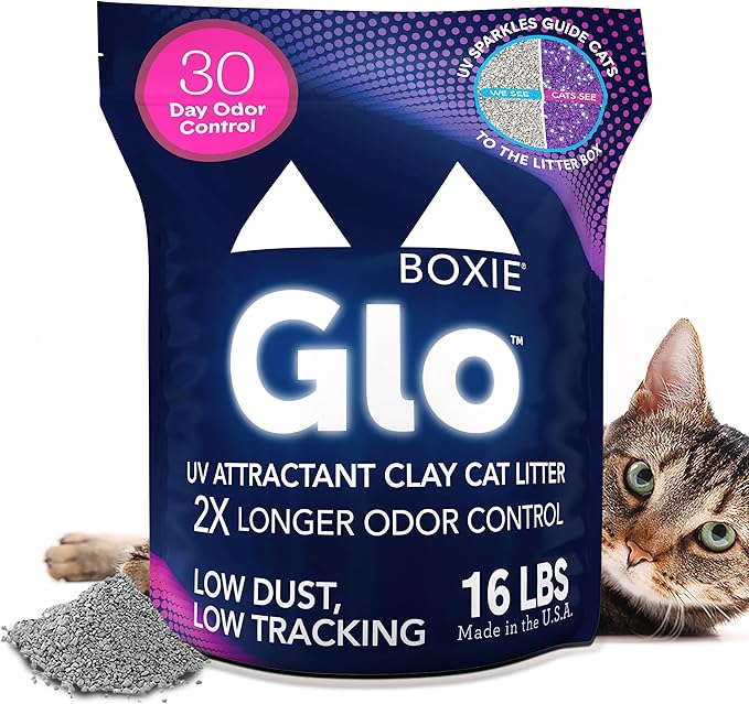 Boxie Glo Clumping Clay 30 Day Odor Control Cat Litter, 99.9% Dust-Free, Low Tracking, UV Light Attractant, 16 lb
