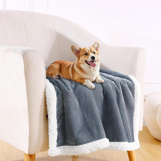 Smiry Waterproof Blanket Throw for Large Dogs, Soft Reversible Dog Blanket for Sofa Couch Bed, Washable Leakproof Sherpa Fleece Furniture Couch Protector(50"x60", Grey/White)