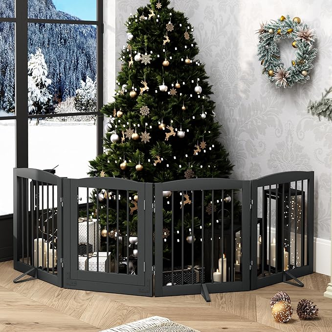 Freestanding Dog Gate with Door, Pet Gate for Stairs, 80 inch Wide Pet Barrier Indoor, Dog Fences Indoor, Support Feet Included, 4 Panels, 24" Tall, Grey