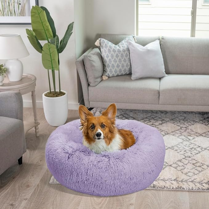 Best Friends by Sheri Original Calming Donut Dog and Cat Bed, Shag Faux Fur, Lavender, (30in x 30in) - Anxiety Relief for Pets Up to 45 lbs