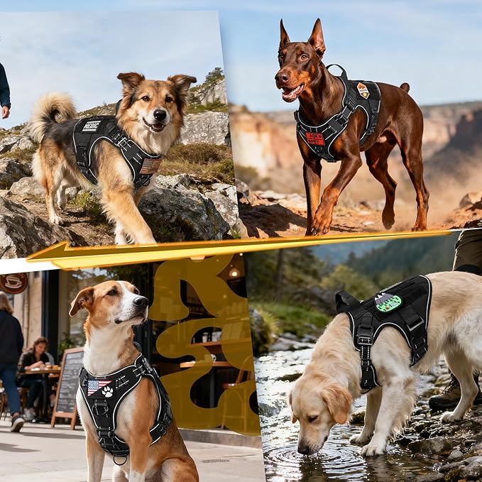 rabbitgoo Tactical Dog Harness Medium Sized, No Pull Upgraded Reflective Heavy Duty Molle Vest with Handle, Adjustable Military Service Dog Vest for Walking Hiking Training, Black, M