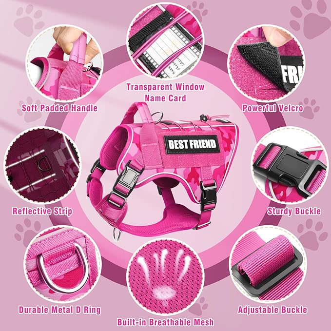 Tactical Dog Harness Medium Sized Dog,No Pull Military Dog Vest with Easy Control Handle&Molle,Adjustable Heavy Duty Pet Harness for K9 Working Hiking Training Daily Walking Camo Pink M