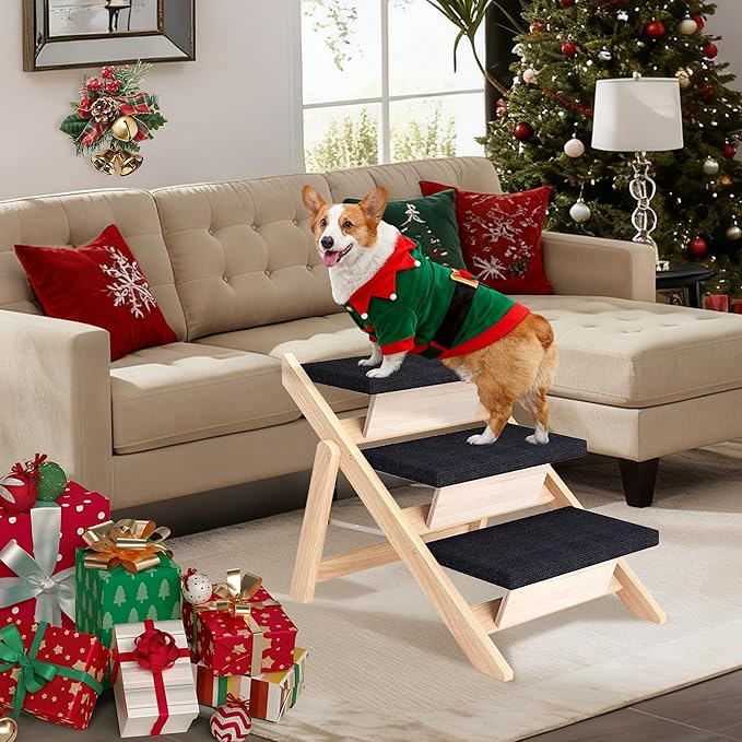 Dog Stairs/Ramp for Bed, Wooden Convertible Pet Steps, Portable Dog Ladder Up to 180 Pound for Elderly/Short-Legged Dogs, 3 Steps for Beds, Couch, Cars