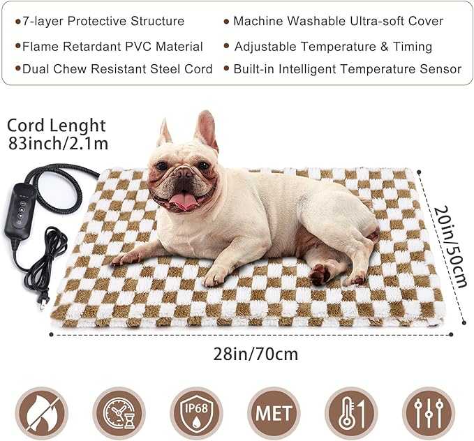 MIXJOY Heated Dog Bed, 11 Adjustable Temperature Dog Heating Pad Indoor with Timer, Pet Heated Mat for Dogs Cats, Electric Cat Heating Pad with Washable Cover, Heated Pet bed-28''x20'', Medium
