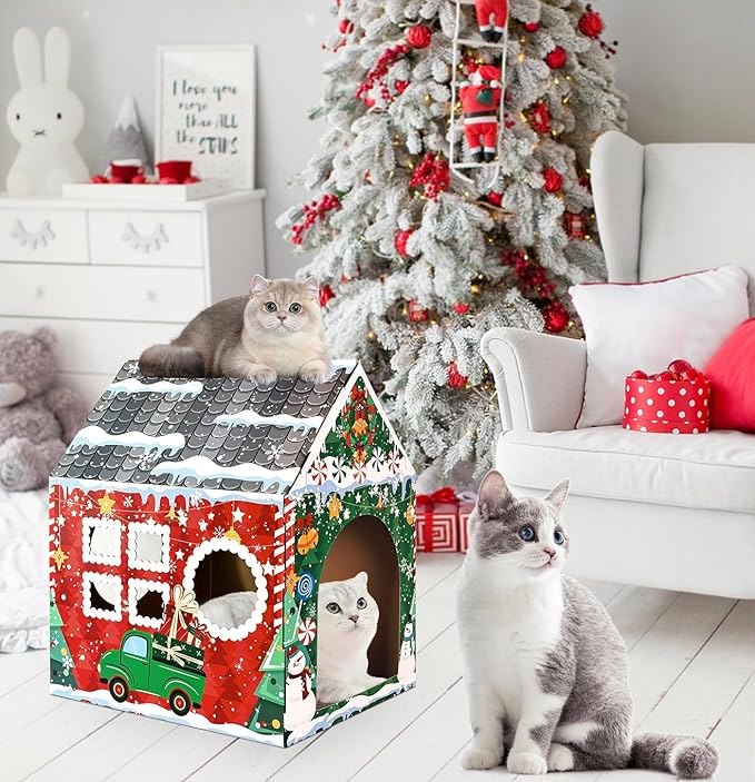 Christmas Cardboard Cat House with Scratcher 16.5"x 13"x19" Christmas Cat Scratcher House for Indoor Cats’ Birthday Large Cat Scratcher Box