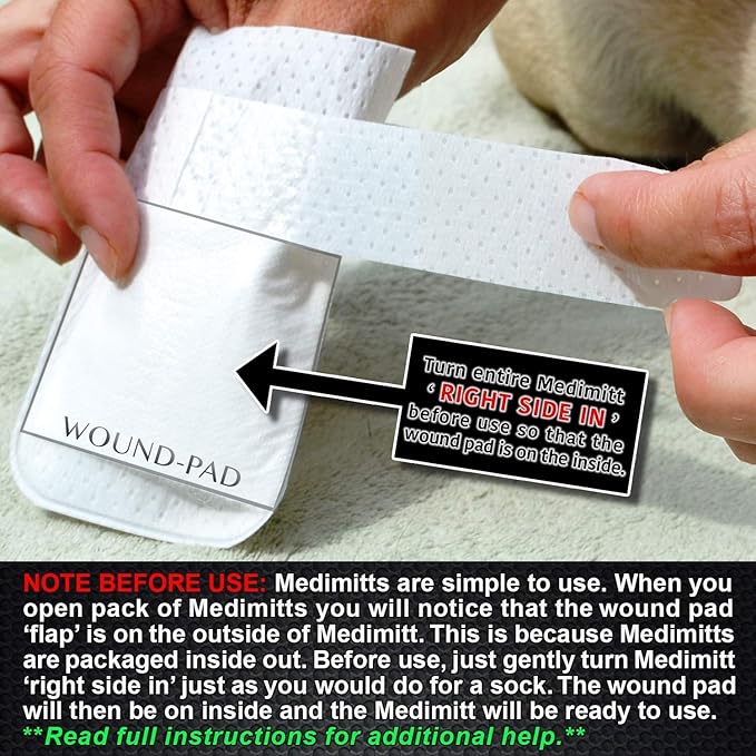 Medimitt Paw Bandages for Dogs, Cats and Pets – Stretchy Medical Booties, First Aid for Paws – Non Slip, Non Adhesive, Breathable, Disposable, Washable, Adjustable Strap, 12 Pack (Small)