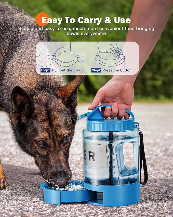 77oz Large Dog Water Bottle - Portable Travel Dog Water Dispenser & Bowl - Leak-Proof Pet Water Jug for Hiking, Camping, Walking & Car Trips, Blue
