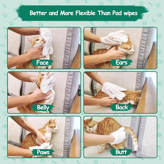 Pet Cleaning and Deodorizing Bathing Grooming Glove Wipes for Dogs and Cats, Extra Thick Nourish Fur No-Rinse Grooming Wipes for Daily Care and Travel, Hypoallergenic, 10 pcs