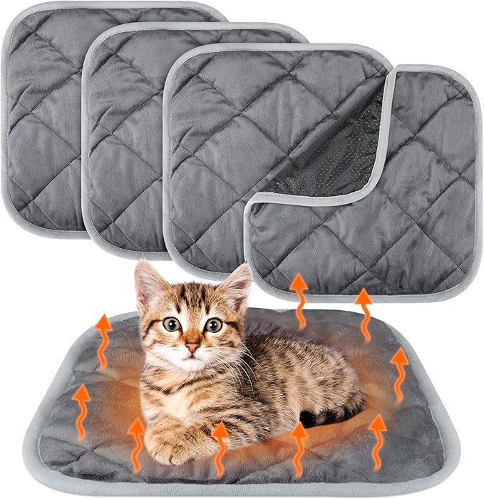 4 Pack Self Heating Cat Pad Self Warming Dog Mat Reflects Body Heat Extra Warm Thermal Pet Pad Washable Dog Cat Bed Crate Bed Mat Blanket (12 x 12 Inch,Gray)